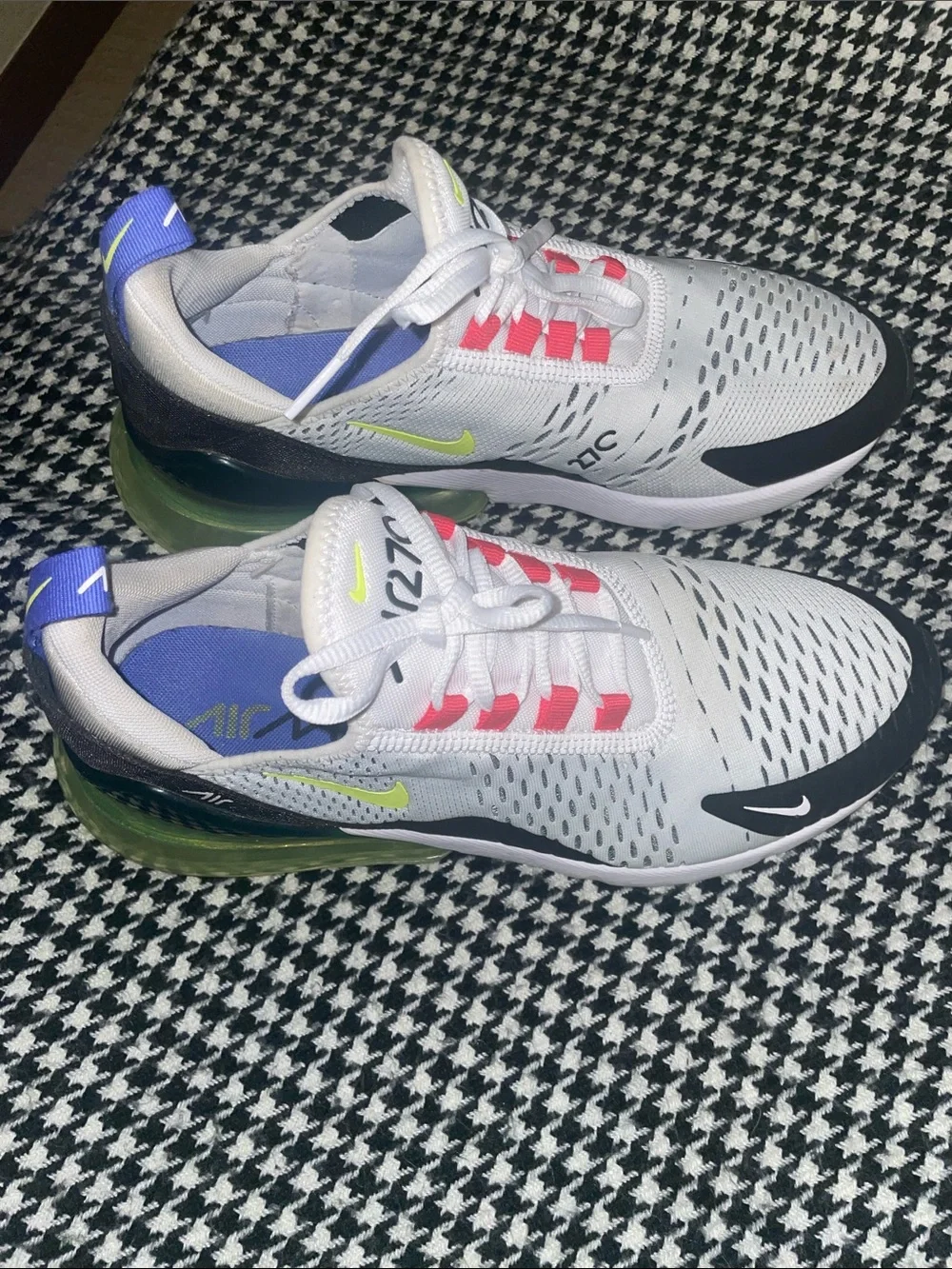 Nike Air Max 270 White Black Volt Shoes with Purple Pull Tab